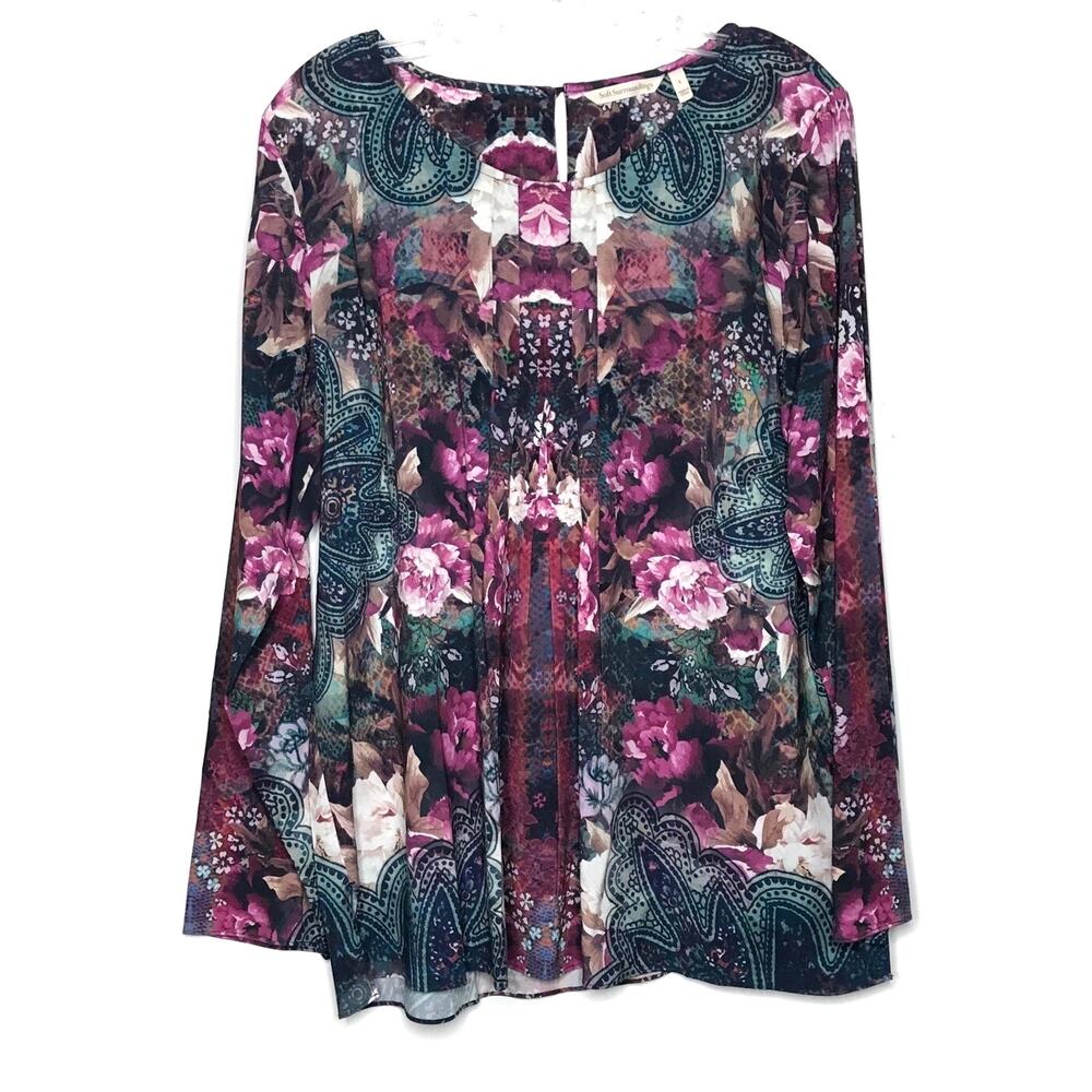 Soft Surroundings Elevadas Long Sleeve Top Large Multicolor Floral Pleated